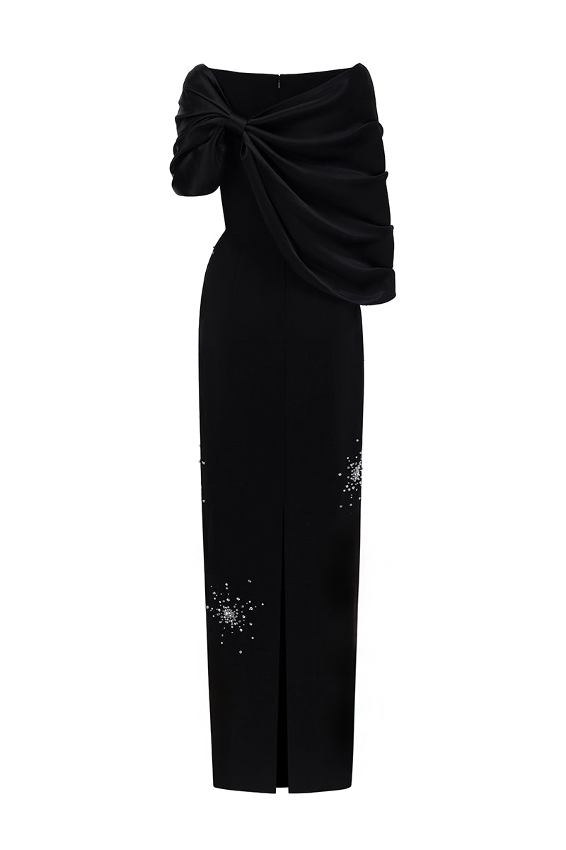 V Neck Column Gown With Draped Details In Black Crepe And Satin Silk | I.H.F ATELIER