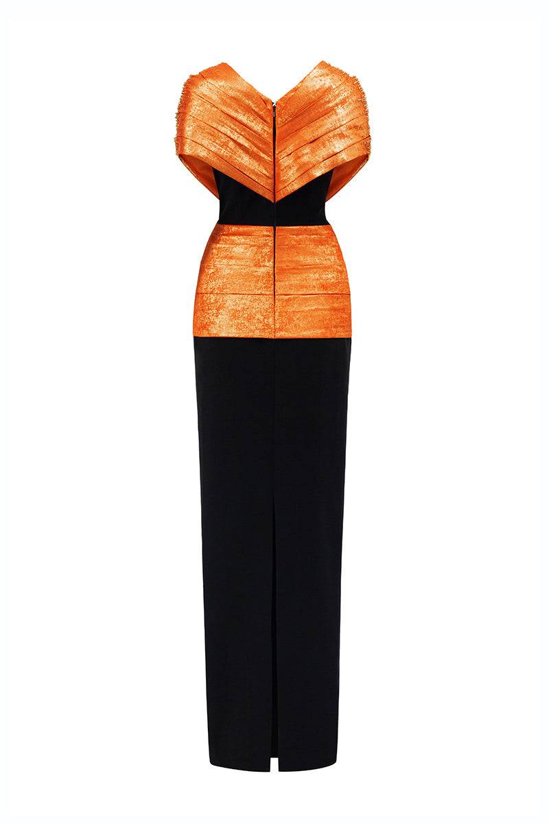 V-Neck Column Gown With Draped Details In Orange Metallic Silk and Black Crepe | I.H.F ATELIER