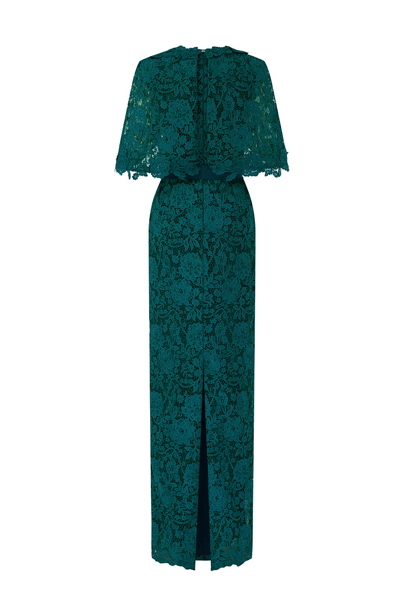 V-Neck Column Gown With Mini Cape Sleeves | I.H.F ATELIER