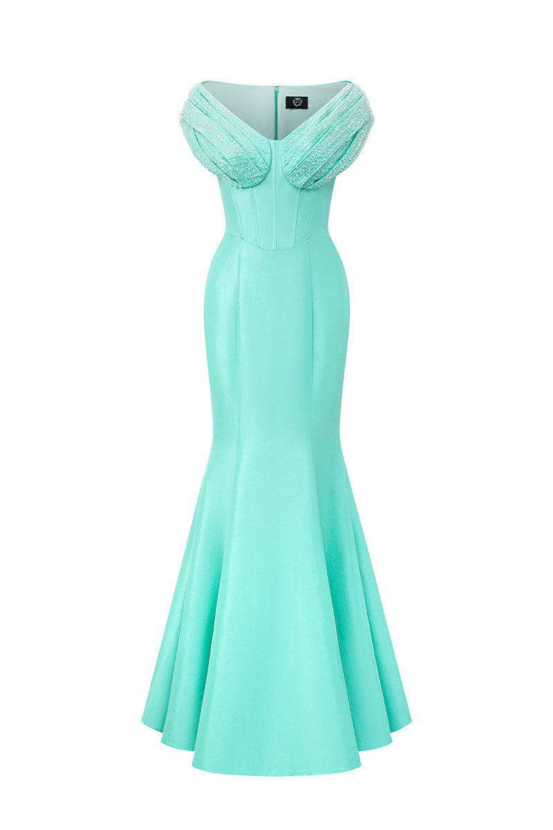 V-Neck Mermaid Gown With Draped Details In Mint Taffeta | I.H.F ATELIER