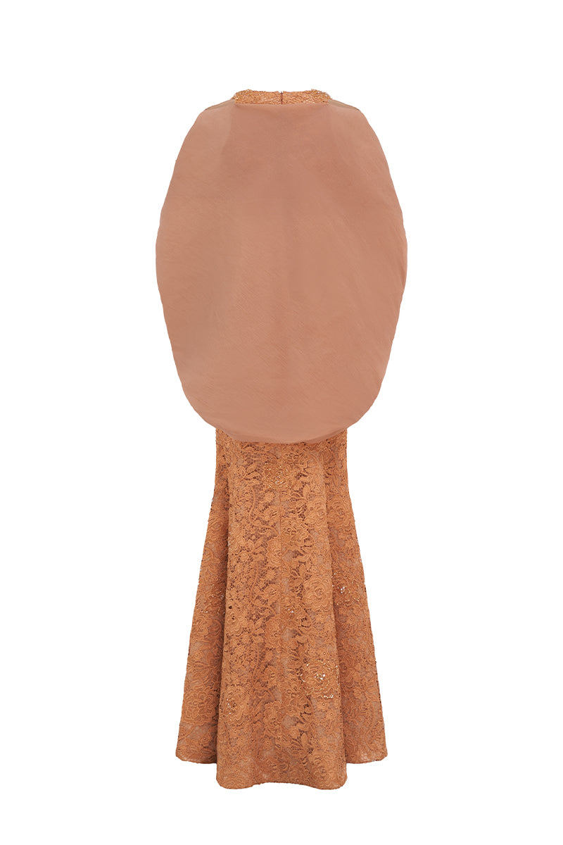 V Neck Mermaid Gown With Hooded Cape In Bloom Rose Lace & Organza | I.H.F ATELIER