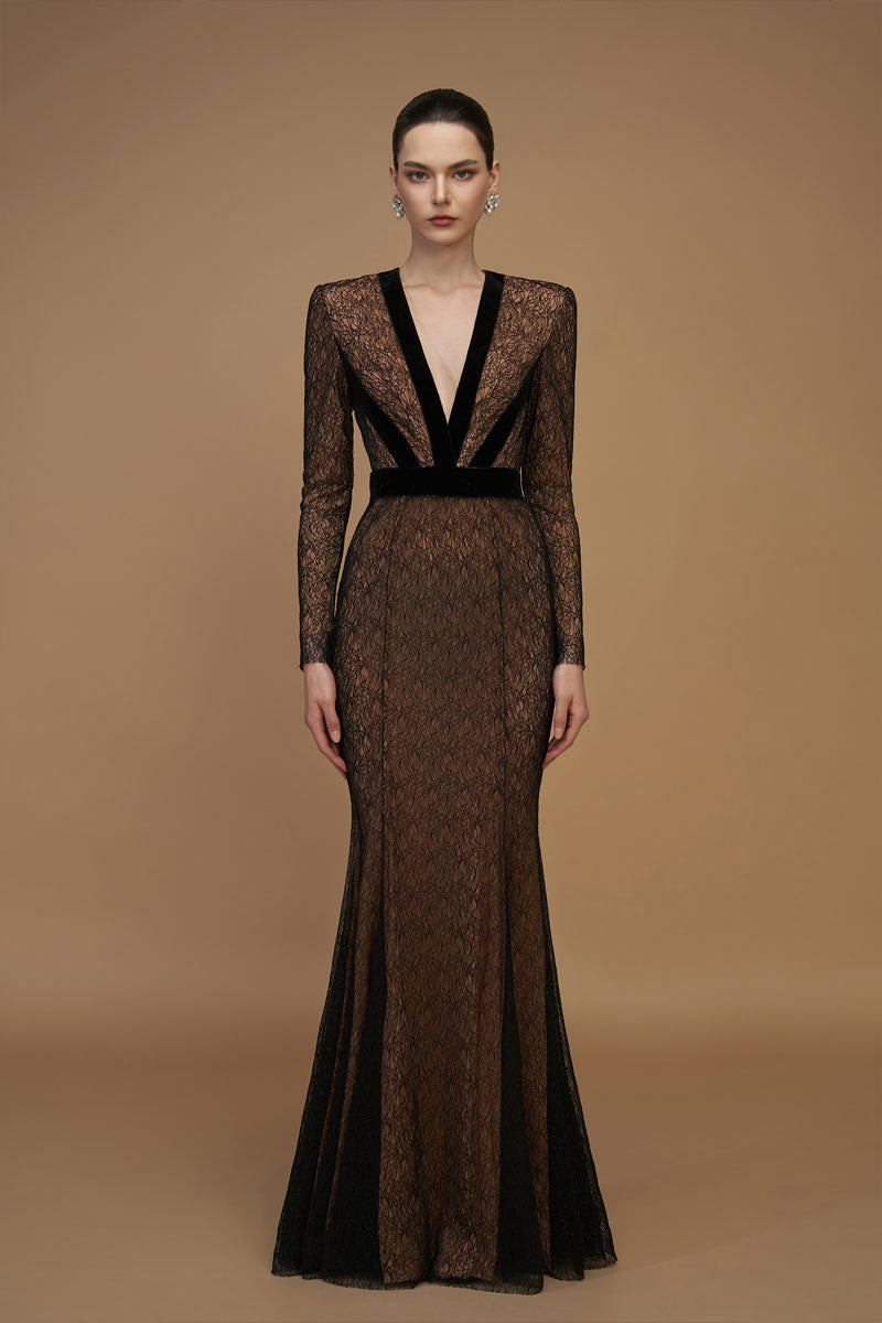 V-Neck Mermaid Gown With Long Sleeve In Black Lace | I.H.F ATELIER