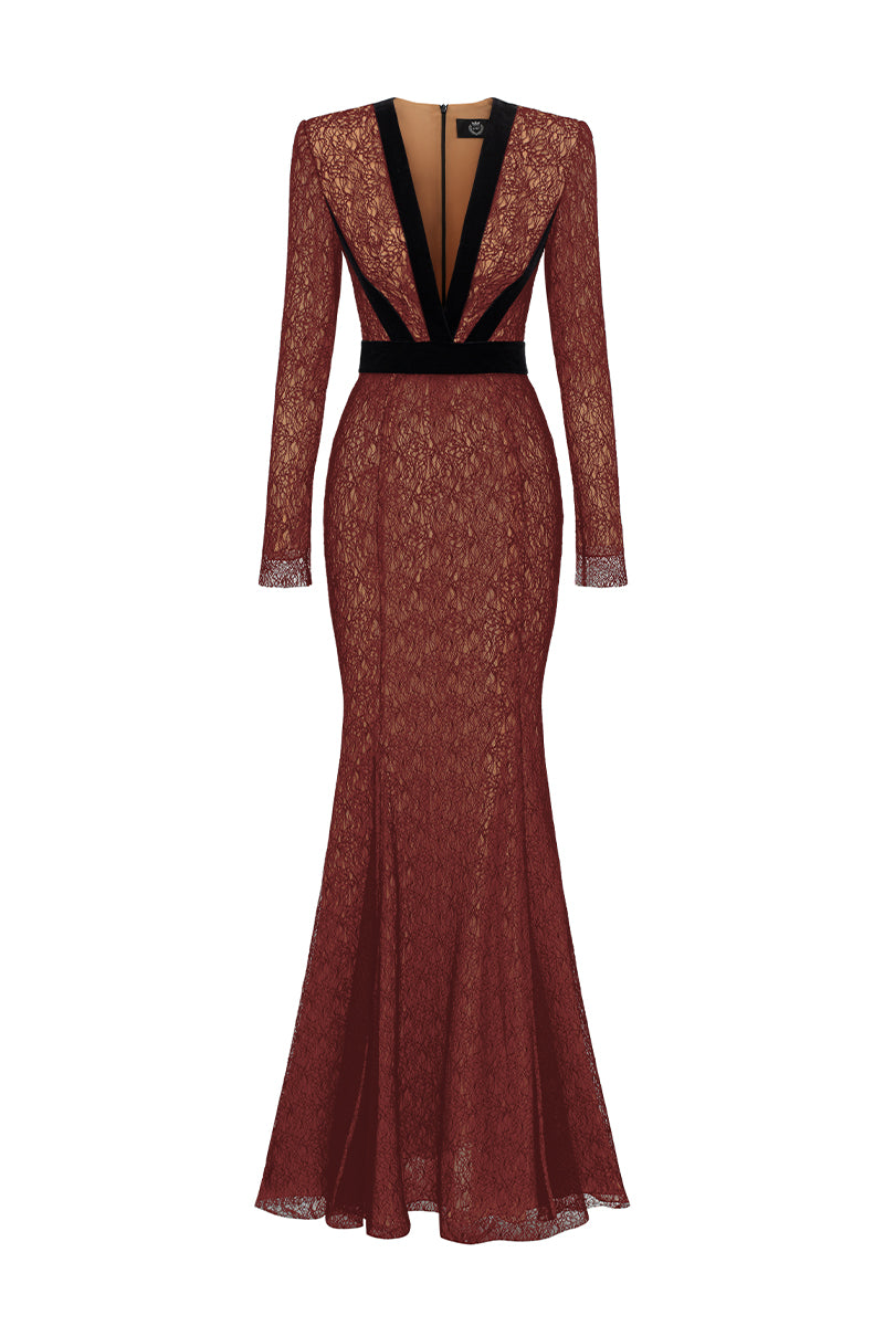 V-Neck Mermaid Gown With Long Sleeve In Dark Red Lace | I.H.F ATELIER