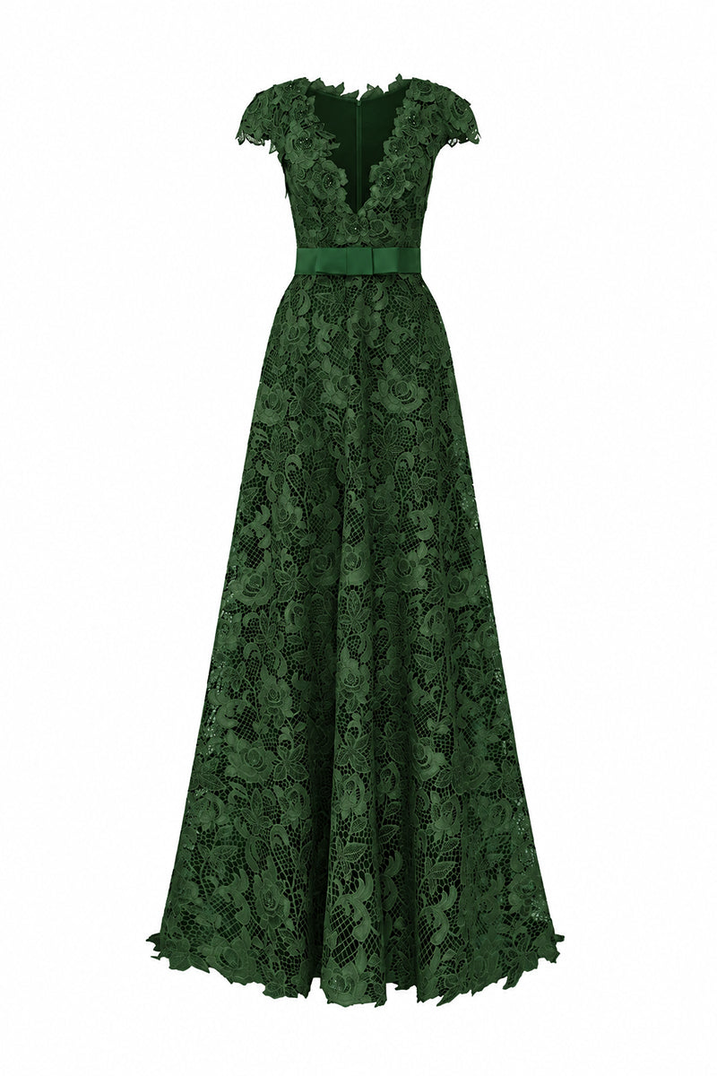 V-Neck Sleeveless A-Line Gown In Dark Green Guipure Lace | I.H.F ATELIER