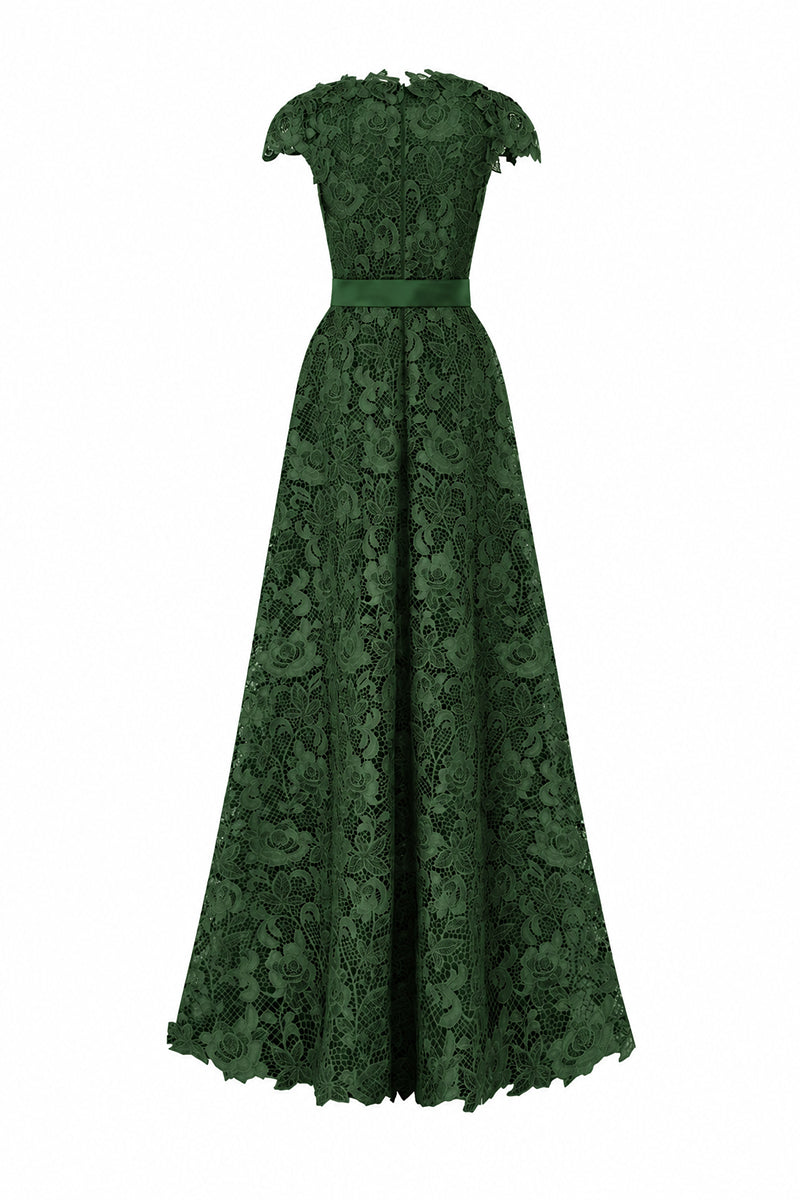 V-Neck Sleeveless A-Line Gown In Dark Green Guipure Lace | I.H.F ATELIER