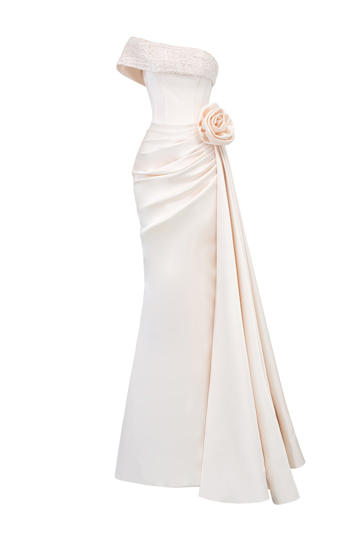 Asymmetrical Shoulder Silk Gown With Drapped Details