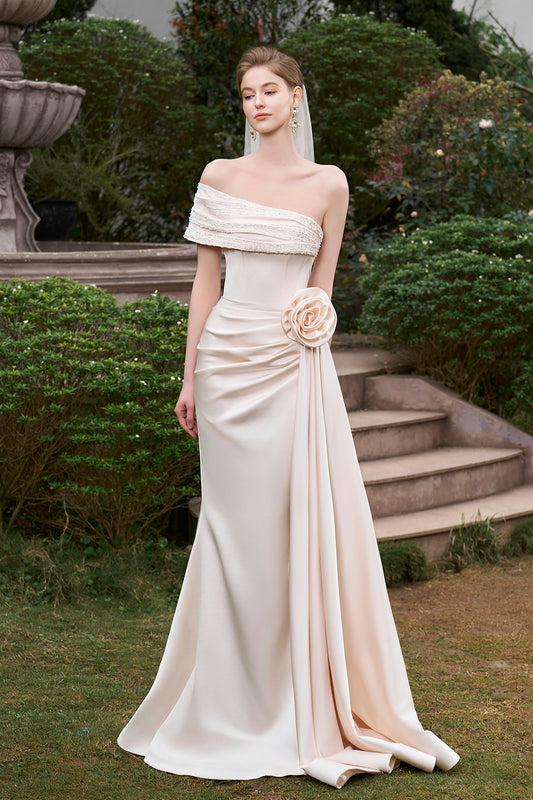 Asymmetrical Shoulder Silk Gown With Drapped Details